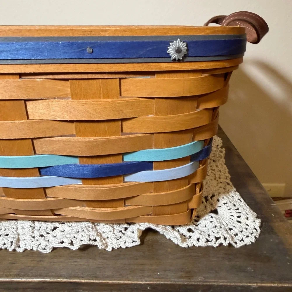 Longaberger Woven Wood Basket Leather Blue Handles Plastic Liner 17